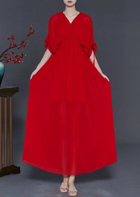 Stylish Red Cinched Drawstring Chiffon Party Dress Summer Tunics Polka dots