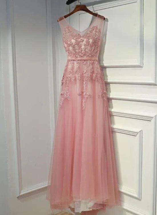 Pink V-neckline Tulle Long Party Dress, Pink Prom Dress Formal Dress Tunics Fall fleece Pink V-neckline Tulle Long Party Dress, Pink Prom Dress Formal Dress Tunics Fall fleece