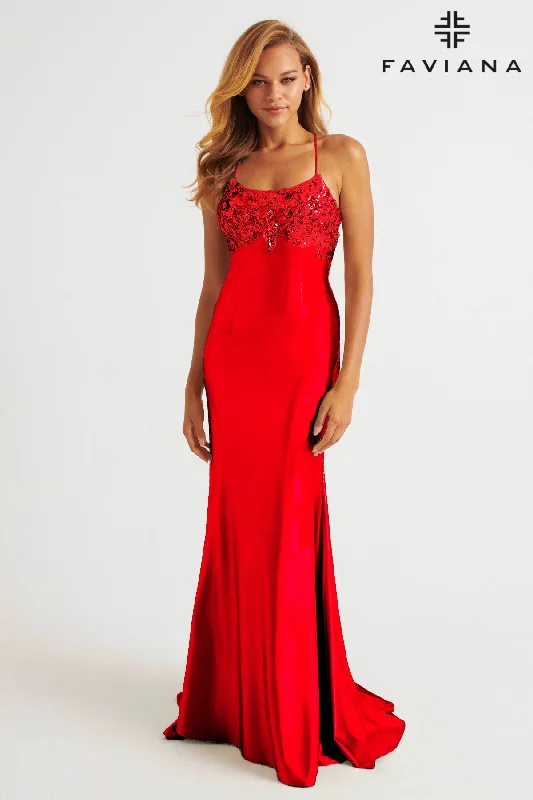 Faviana E11201 Satin Scoop Neck Dress With Sequin Applique And Lace Up Back Tunics Spring floral Faviana E11201 Satin Scoop Neck Dress With Sequin Applique And Lace Up Back Tunics Spring floral