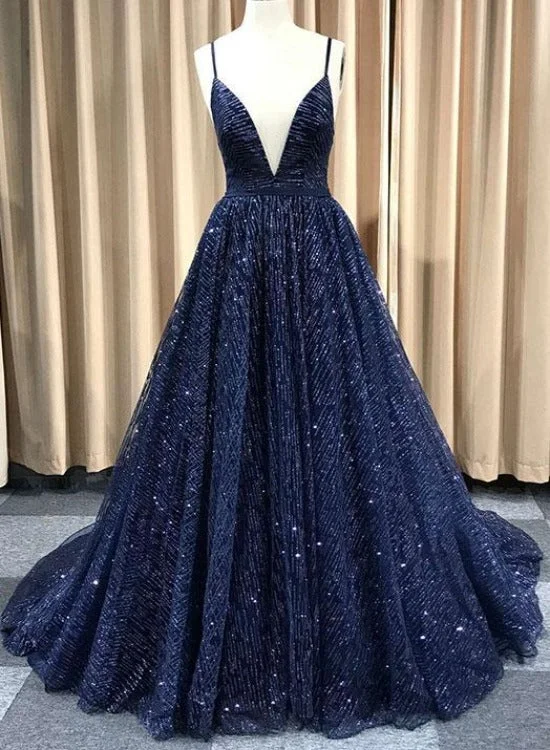 A Line V Neck Navy Blue Shiny Long Prom Dresses, Charming Blue Tulle Party Dress Evening Dress Tunics Velvet soft