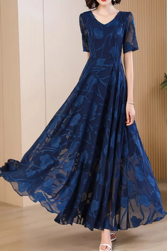 Dark blue floral maxi prom summer chiffon dress 5051 Tunic Top Casual