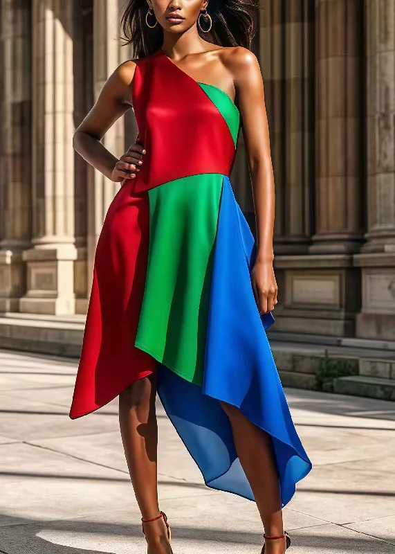 Women Colorblock One Shoulder Patchwork Silk Party Dress Summer Tunics Bestseller popular Women Colorblock One Shoulder Patchwork Silk Party Dress Summer Tunics Bestseller popular