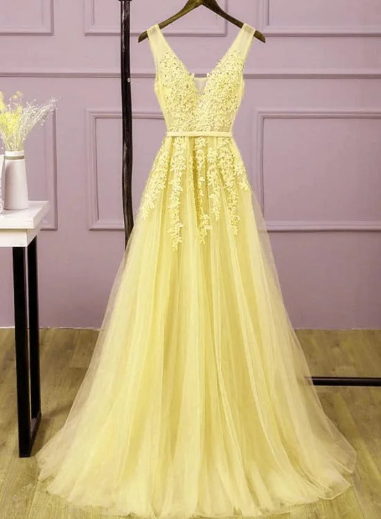 Long V-neckline Lace Applique and Tulle Bridesmaid Dress, Yellow Prom Dress Party Dress Tunics Cozy soft Long V-neckline Lace Applique and Tulle Bridesmaid Dress, Yellow Prom Dress Party Dress Tunics Cozy soft