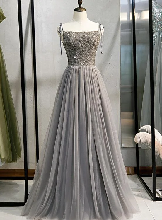 Grey Tulle Beaded Straps A-line Long Formal Dress, New Prom Dress Party Dress Tunics Summer linen Grey Tulle Beaded Straps A-line Long Formal Dress, New Prom Dress Party Dress Tunics Summer linen