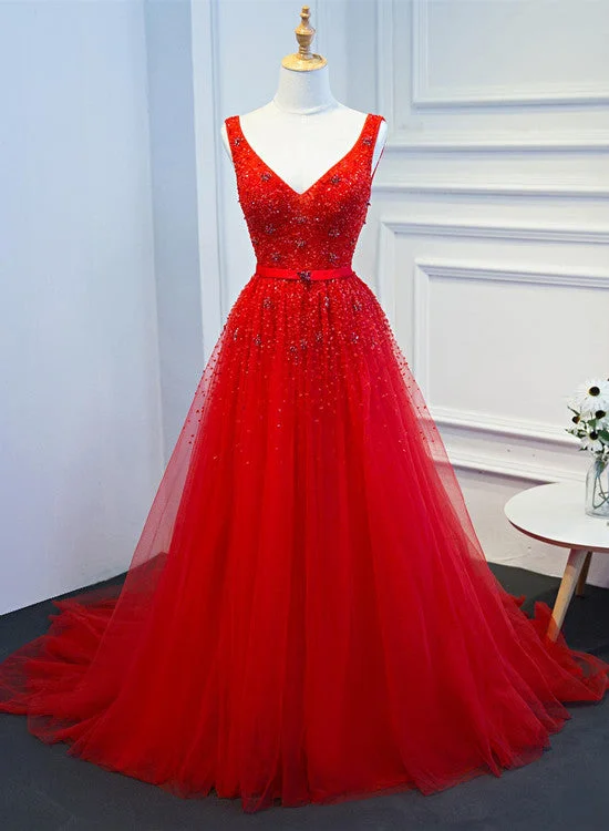 Beautiful Red Tulle Long Party Dress, V-neckline Prom Dress Tunics Canvas sturdy