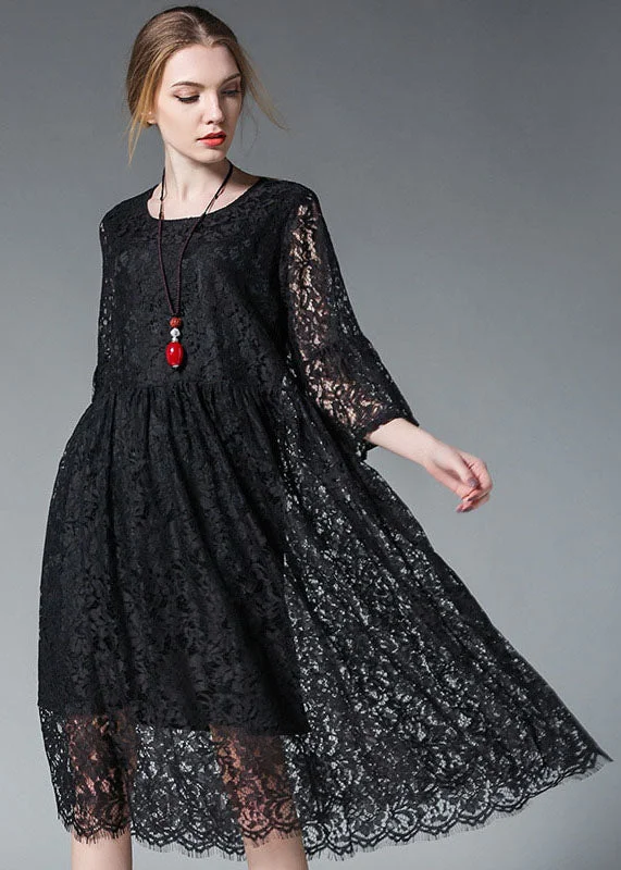 Elegant Black O-Neck Hollow Out Lace Party Dress Flare Sleeve Pleated Skirt Elegant