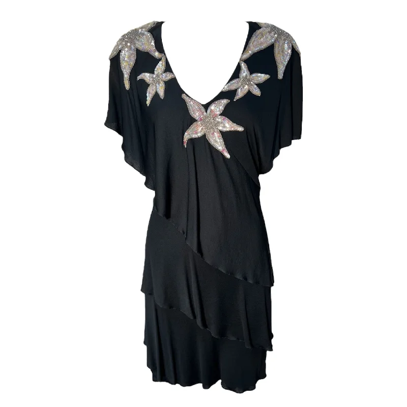 Holly's Harp Late 1970's Black Rayon Jersey Tiered Dress with Sequin Star Flowers Maxi Flowy Bohemian