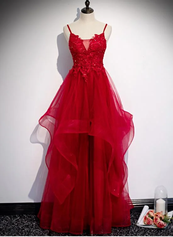 Red Lace Tulle Layered Straps Fashionable Long Party Dress, Long Prom Gown Tunics Essential wardrobe Red Lace Tulle Layered Straps Fashionable Long Party Dress, Long Prom Gown Tunics Essential wardrobe