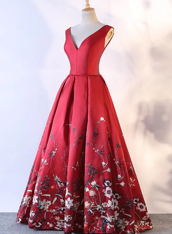 Red Satin Flowers Beautiful V-neckline Party Dress , Charming Formal Gown High-Low Hemline Casual Red Satin Flowers Beautiful V-neckline Party Dress , Charming Formal Gown High-Low Hemline Casual
