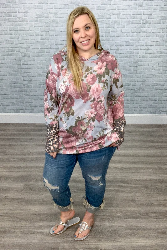 Floral Hoodie with Thumbholes and Fun Contrasting Animal Print Details Hoodie with Rhinestones Sparkly Elegant Floral Hoodie with Thumbholes and Fun Contrasting Animal Print Details Hoodie with Rhinestones Sparkly Elegant
