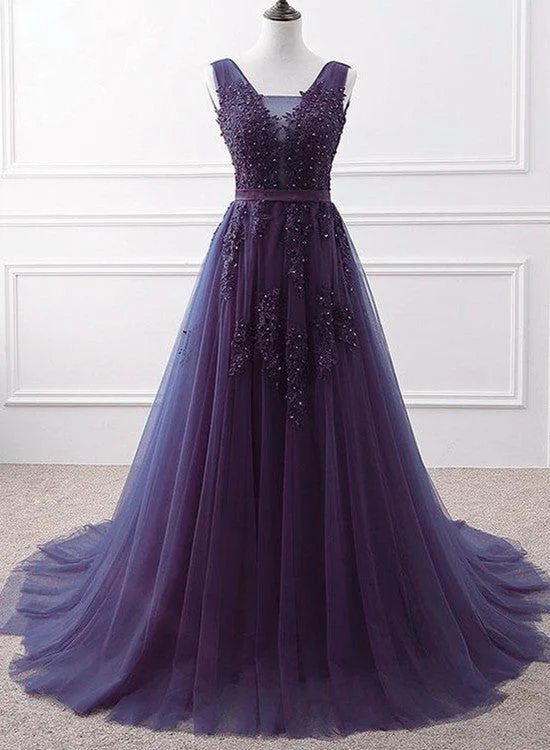 Lovely Purple Handmade Tulle V-neckline Long Party Dress, Purple A-line Bridesmaid Dress Tunics Satin smooth Lovely Purple Handmade Tulle V-neckline Long Party Dress, Purple A-line Bridesmaid Dress Tunics Satin smooth