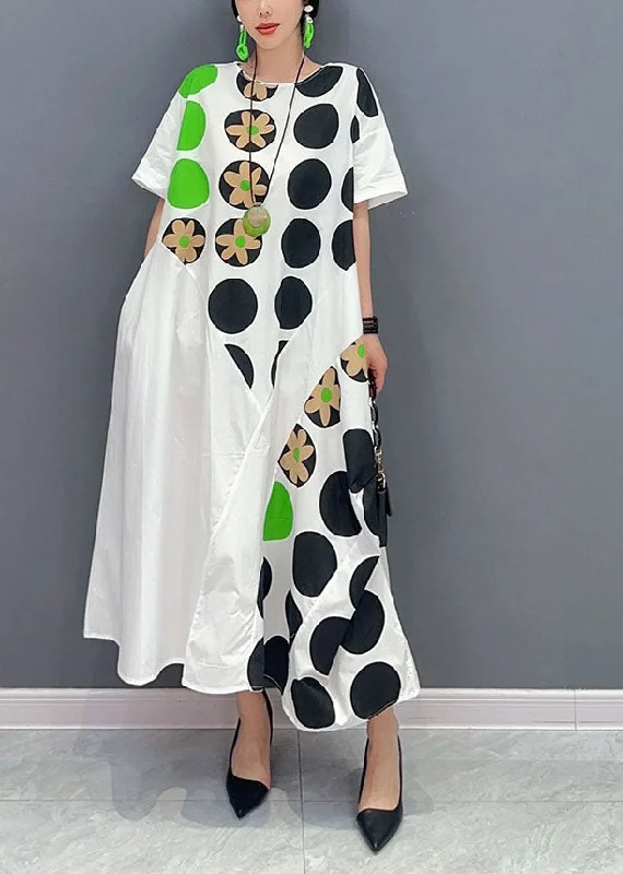 Diy White Oversized Patchwork Dot Print Cotton Party Dress Short Sleeve Tunics Corduroy durable