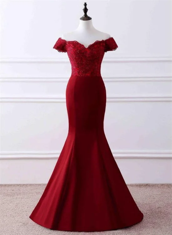 Wine Red Satin Mermaid Long Party Dress, Off Shoulder Formal Dress Evening Dress Tunics Wedding white Wine Red Satin Mermaid Long Party Dress, Off Shoulder Formal Dress Evening Dress Tunics Wedding white