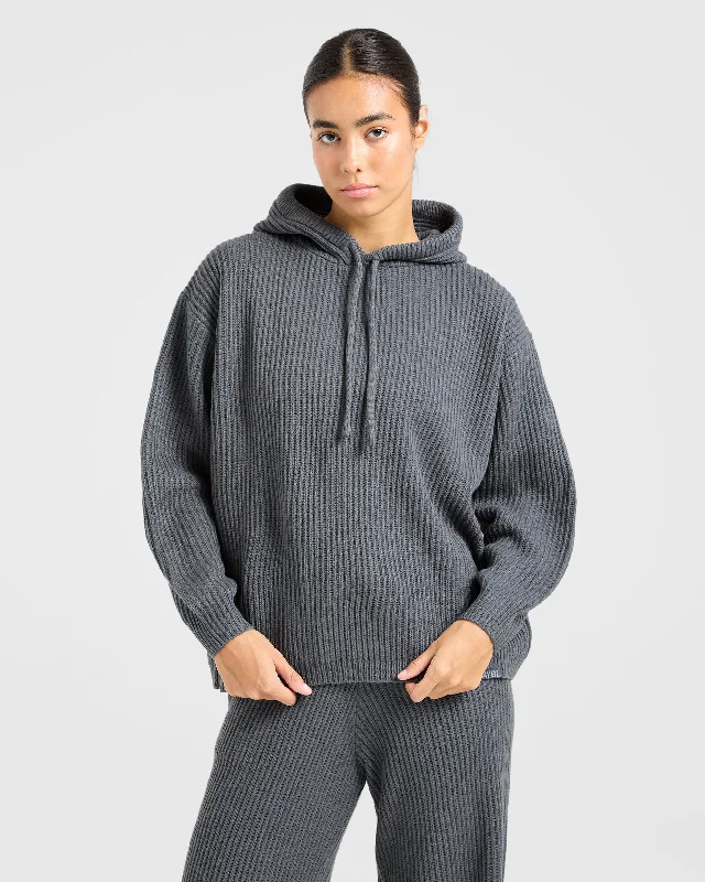 Lounge Oversized Knit Hoodie - Charcoal Hoodie with Hem Fringe Bohemian Relaxed