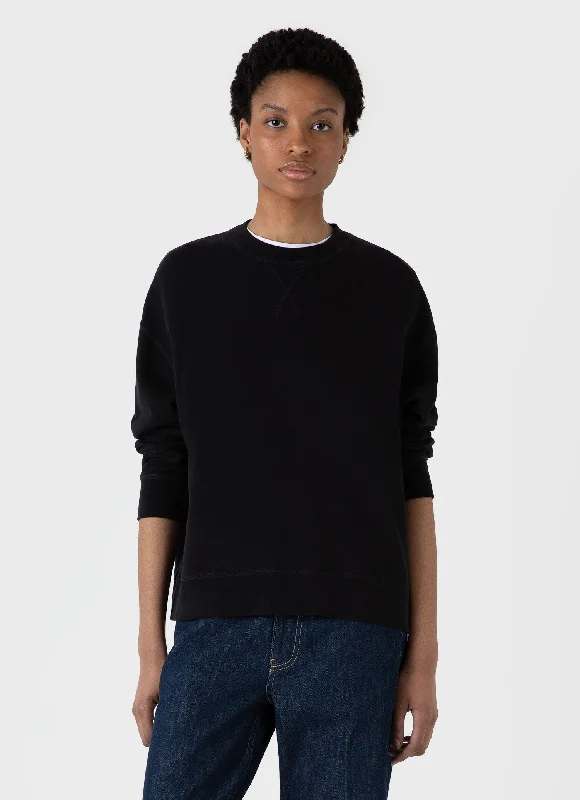 Women's Relaxed Loopback Sweatshirt in Black Hoodie with Double Zipper Versatile Adjustable