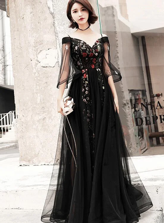 Black Floral Off Shoulder Floor Length Party Dress, Black Tulle Prom Dress Formal Dress Square Neckline Feminine