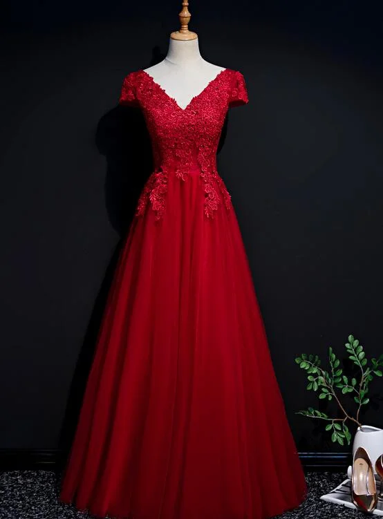 Red Tulle Cap Sleeves Long Prom Dress 2020, A-line Party Dress Tunics Hiking breathable Red Tulle Cap Sleeves Long Prom Dress 2020, A-line Party Dress Tunics Hiking breathable
