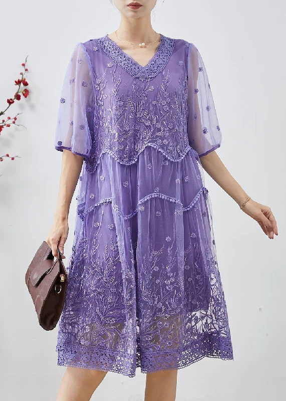 Bohemian Purple Embroidered Tulle Party Dress Summer Tunics Stylish modern