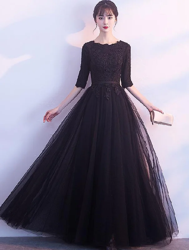 Charming Black Tulle Long Party Dress, Lace Applique Prom Dress Tunics Business professional Charming Black Tulle Long Party Dress, Lace Applique Prom Dress Tunics Business professional