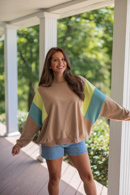Snuggle Up Mocha Colorblock Sweatshirt Hoodie with Hem Fringe Bohemian Relaxed