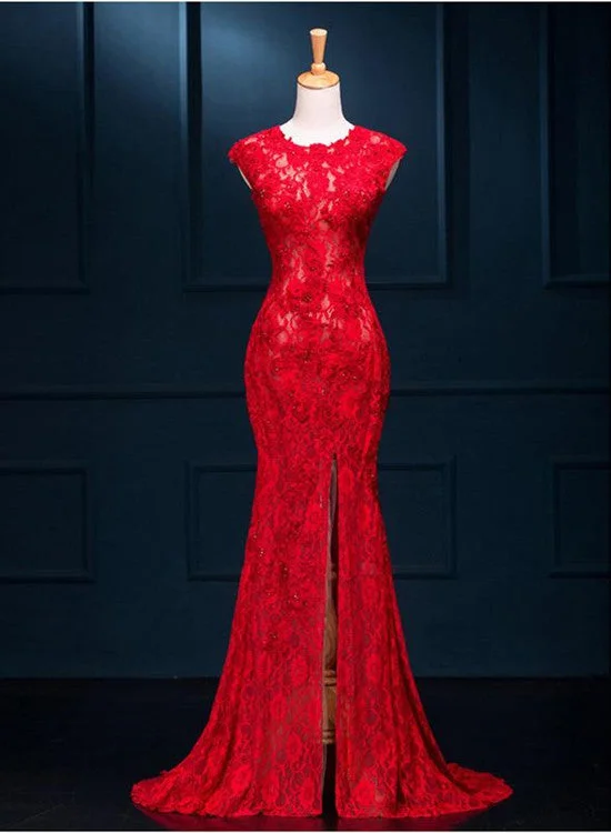Red Lace Mermaid Slit Long Elegant Formal Gown , Red Party Dresses Peplum Ruffle Cocktail Red Lace Mermaid Slit Long Elegant Formal Gown , Red Party Dresses Peplum Ruffle Cocktail