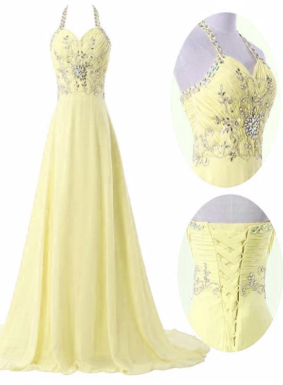 Light Yellow Chiffon Halter Beaded Long Party Dress, Chiffon Prom Dress Tunics Ceremony elegant Light Yellow Chiffon Halter Beaded Long Party Dress, Chiffon Prom Dress Tunics Ceremony elegant