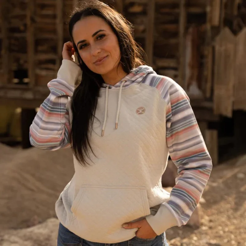 Hooey Women's Cream Serape Quilted Hoodie Hoodie with Hem Raw Edge Edgy Unfinished
