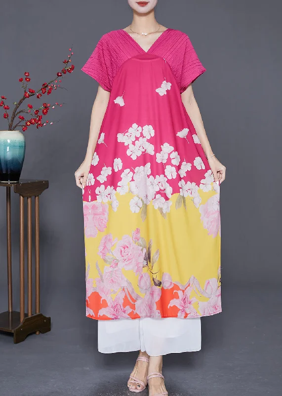 Women Rose V Neck Patchwork Print Silk Party Dress Summer Tunics Vintage classic