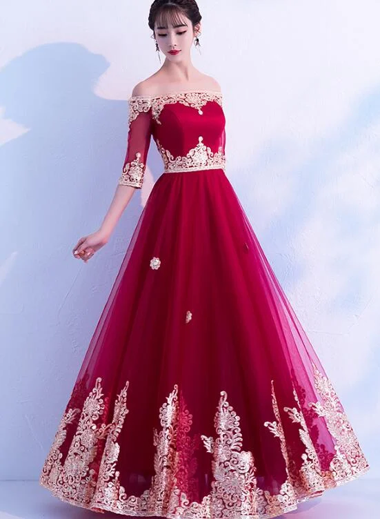 Wine Red Tulle Long Party Dress , Off Shoulder Party Gown Sequined Elegant Party
