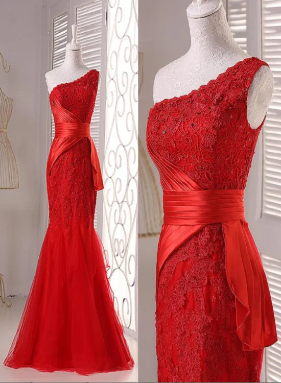Elegant One Shoulder Red Lace Mermaid Wedding Party Dress, Red Prom Dress 2021 Tunics Designer luxury Elegant One Shoulder Red Lace Mermaid Wedding Party Dress, Red Prom Dress 2021 Tunics Designer luxury