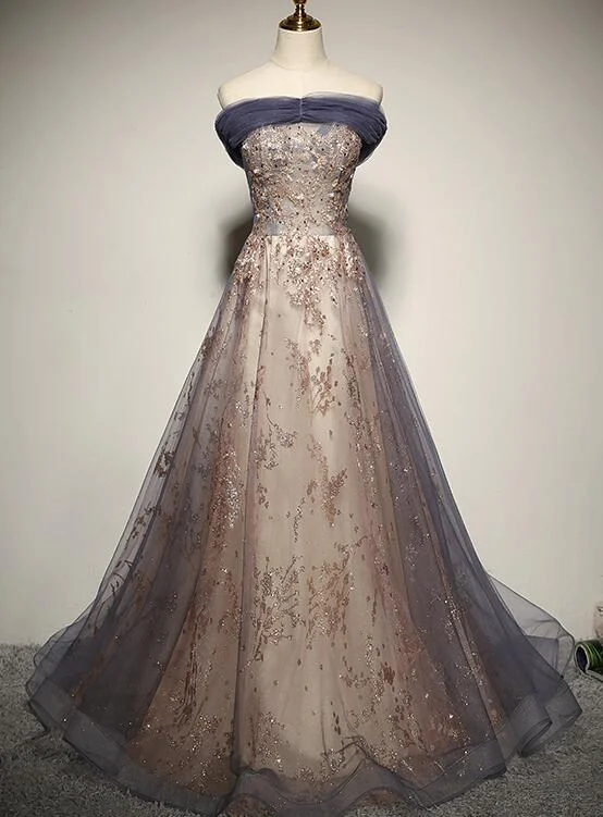Charming Tulle Off Shoulder with Lace Applique Long Party Dress, New Prom Dress Peplum Ruffle Cocktail Charming Tulle Off Shoulder with Lace Applique Long Party Dress, New Prom Dress Peplum Ruffle Cocktail