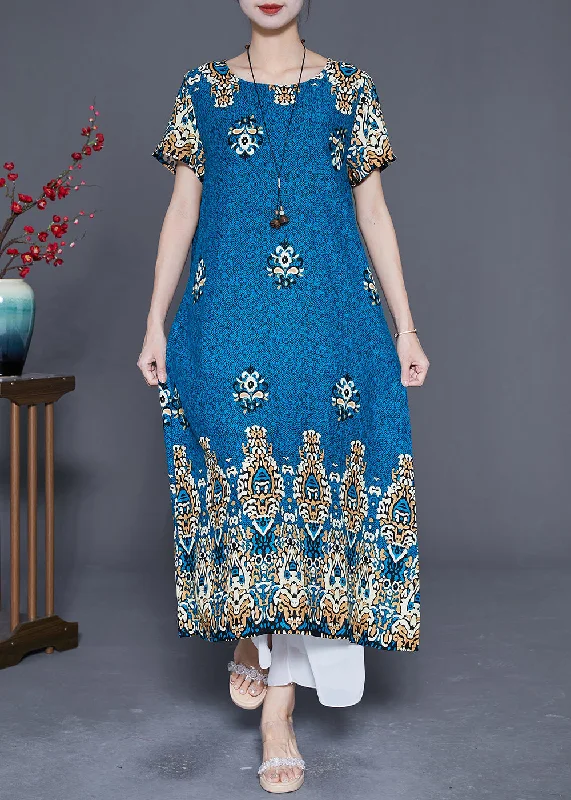 Peacock Blue Print Cotton Party Dress Oversized Summer Tunics Versatile stylish