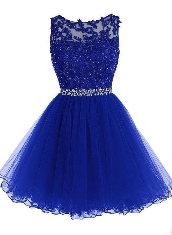 Beautiful Royal Blue Tulle Beaded Short Party Dress, Charming Formal Dresses Shift Classic Vintage Beautiful Royal Blue Tulle Beaded Short Party Dress, Charming Formal Dresses Shift Classic Vintage