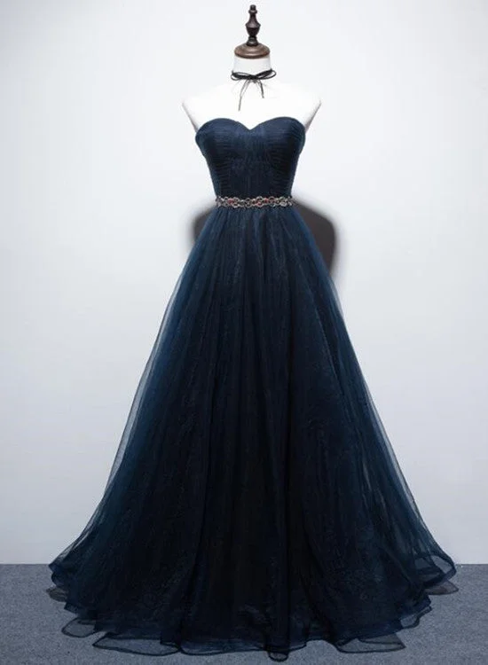 Gorgeous Navy Blue A-line Prom Dress, Tulle Long Party Dress Tunics Top Casual
