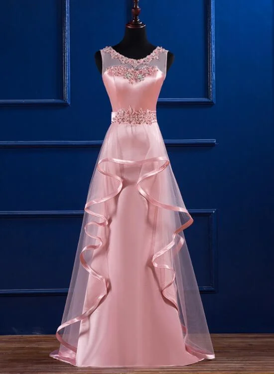 Pink Satin and Tulle Layers Long Party Dress with Lace Applique, Pink Formal Dress Tunics Bridal satin