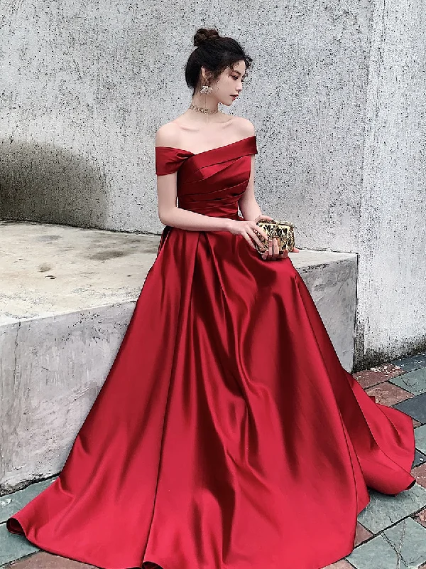 Red Satin Off Shoulder Fashionable Long Prom Dress, New Style Party Dress Tunics Winter warm Red Satin Off Shoulder Fashionable Long Prom Dress, New Style Party Dress Tunics Winter warm