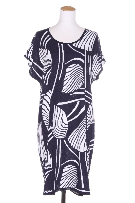 RIBBON ON A BOMBSHELL (NZ) Navy linen print dress! 14 sweetheart Neckline Romantic