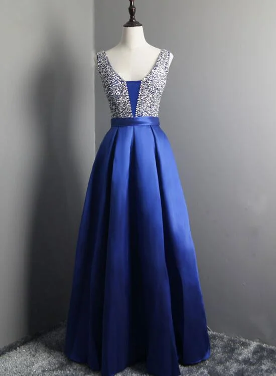Beautiful Blue Satin Prom Dress V Neck Beaded Long Prom Dress, Party Dress Tunics Leisure comfortable Beautiful Blue Satin Prom Dress V Neck Beaded Long Prom Dress, Party Dress Tunics Leisure comfortable
