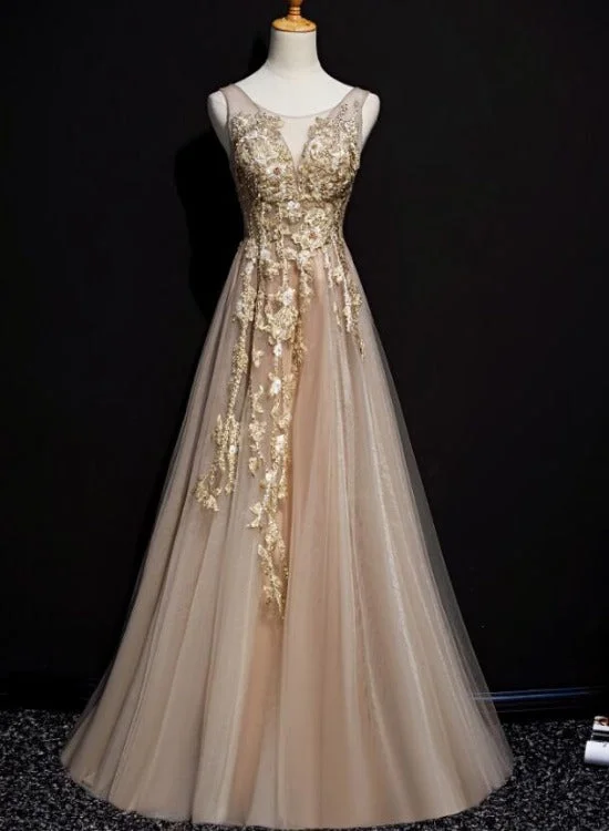 Champagne Tulle V-neckline Long Lace Prom Dress, A-line Formal Gown Party Dress Tunics Trousers formal Champagne Tulle V-neckline Long Lace Prom Dress, A-line Formal Gown Party Dress Tunics Trousers formal