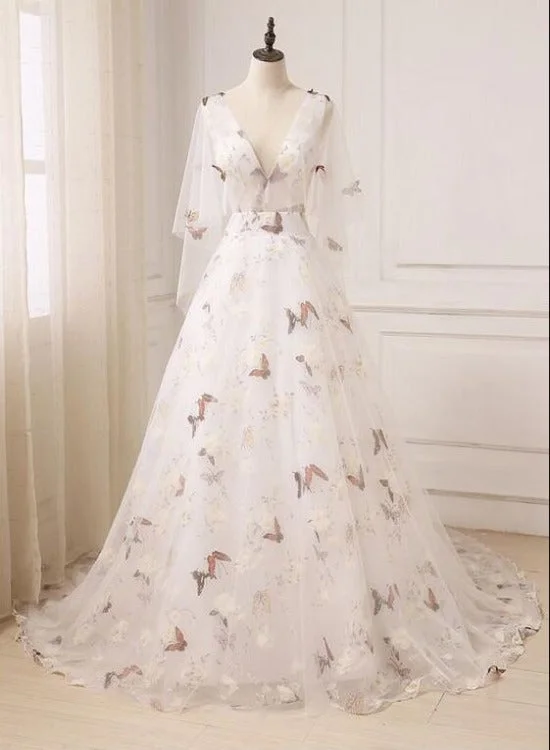 Beautiful V-neckline Long Tulle Prom Dress, A-line Floral Party Dress Tunics Party sparkling Beautiful V-neckline Long Tulle Prom Dress, A-line Floral Party Dress Tunics Party sparkling