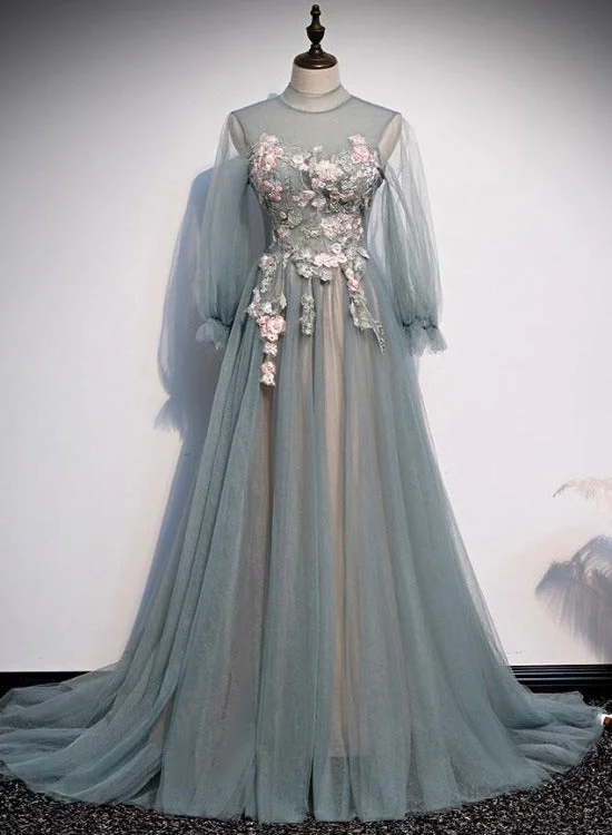 Beautiful Long Sleeves Tulle Party Dress with Lace Applique, A-line Wedding Party Dress empire Waist empire Beautiful Long Sleeves Tulle Party Dress with Lace Applique, A-line Wedding Party Dress empire Waist empire