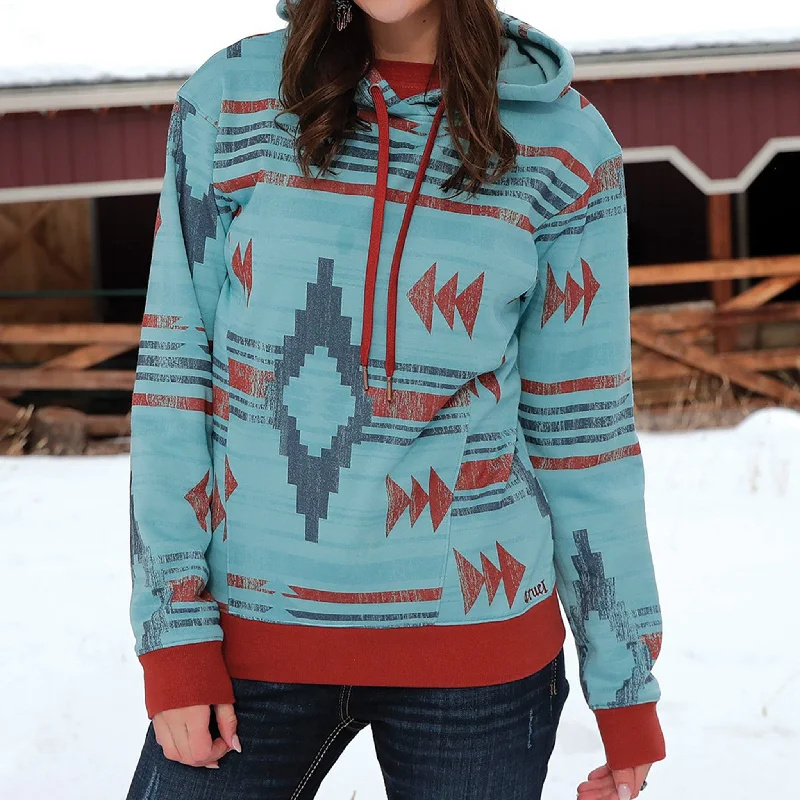 Cruel Denim Women's Rust/Blue Aztec Hoodie Hoodie with Hem Embroidery Detailed Premium Cruel Denim Women's Rust/Blue Aztec Hoodie Hoodie with Hem Embroidery Detailed Premium