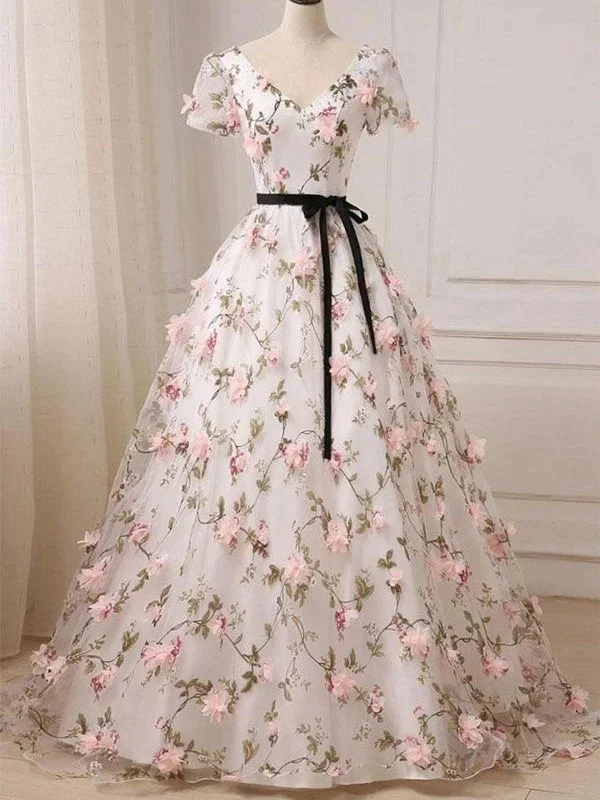 Beautiful Flowers V-neckline Short Sleeves Long Party Dress, Ball Gown Sweet 16 Dress Tunics Fashionable trendy Beautiful Flowers V-neckline Short Sleeves Long Party Dress, Ball Gown Sweet 16 Dress Tunics Fashionable trendy