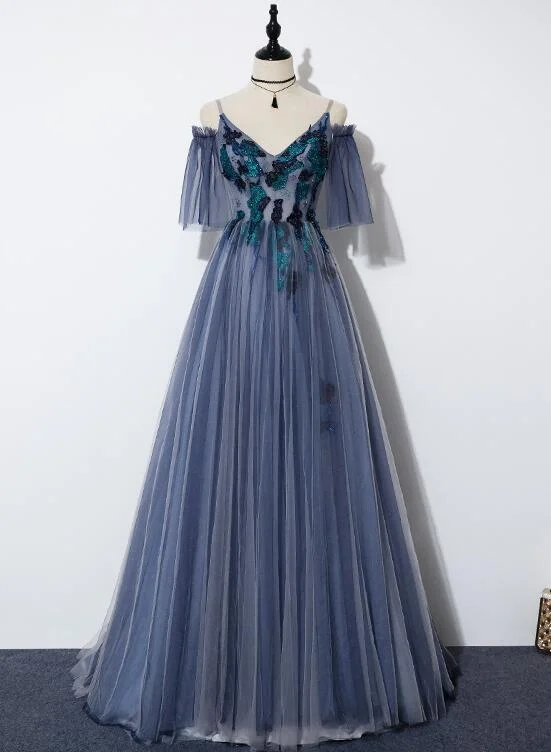 Blue Tulle Straps V-neckline Long Formal Dress, Long Party Dress Tunics Versatile functional Blue Tulle Straps V-neckline Long Formal Dress, Long Party Dress Tunics Versatile functional