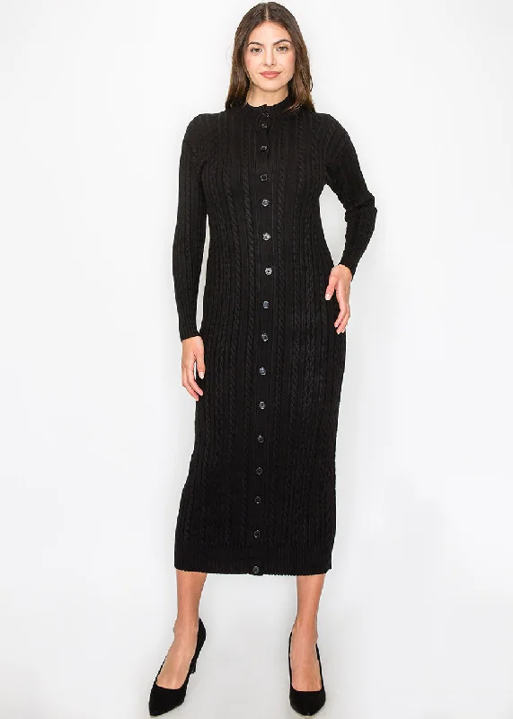 Black Cable Knit Button-Down Dress Tunics Satin smooth