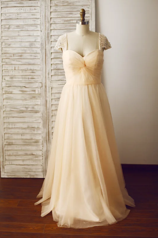 Champagne Cap Sleeves Tulle Prom Gown, Prom Dress , Wedding Party Dress Cowl Neckline Elegant