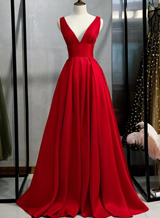 Beautiful Red Satin V-neckline Party Dress, Red Prom Dress Tunics Practical durable