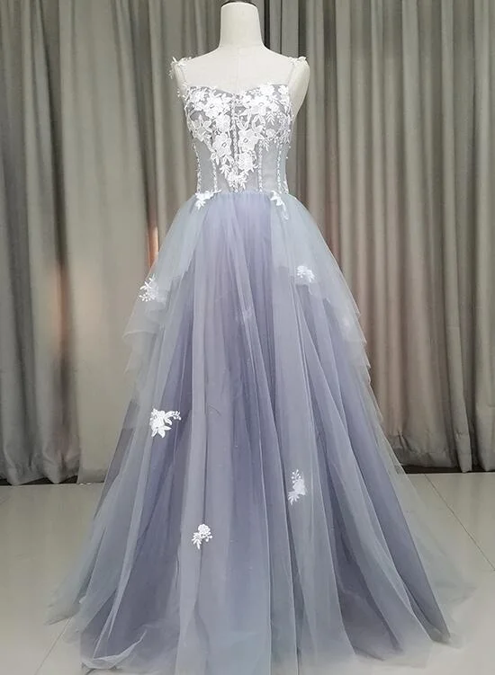 Fashionable Grey Tulle Sweetheart Straps Long Party Dress, Sweet 16 Dress Tunics Evening elegant Fashionable Grey Tulle Sweetheart Straps Long Party Dress, Sweet 16 Dress Tunics Evening elegant
