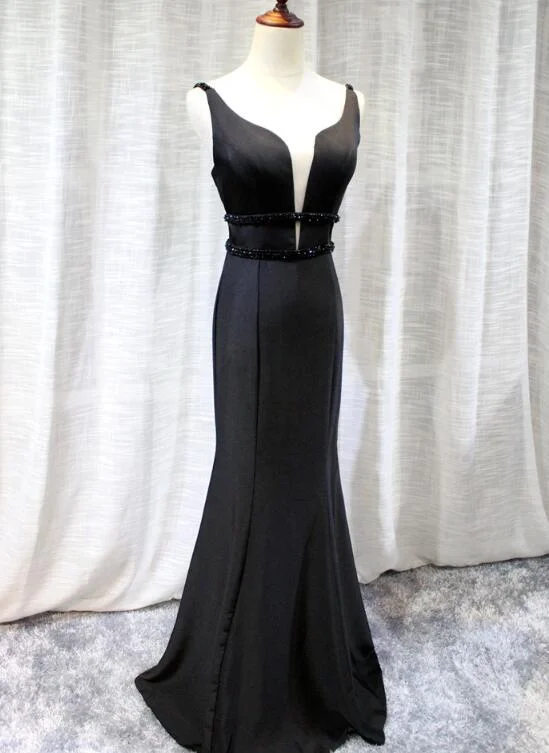 Elegant Black Mermaid Satin V-neckline Party Dress , Charming Mermaid Long Formal Gowns Boat Neckline Classic Elegant Black Mermaid Satin V-neckline Party Dress , Charming Mermaid Long Formal Gowns Boat Neckline Classic
