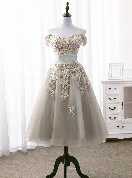Light Champagne Vintage Style Tea Length Off Shoulder Party Dress, Bridesmaid Dress Tunics Handmade artisanal Light Champagne Vintage Style Tea Length Off Shoulder Party Dress, Bridesmaid Dress Tunics Handmade artisanal